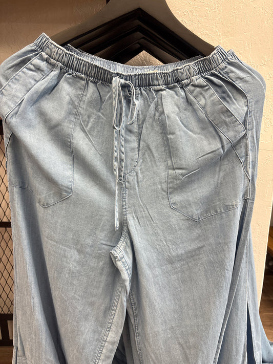 CHAMBRAY DRAWSTRING WIDE LEG LOUNGE PANTS