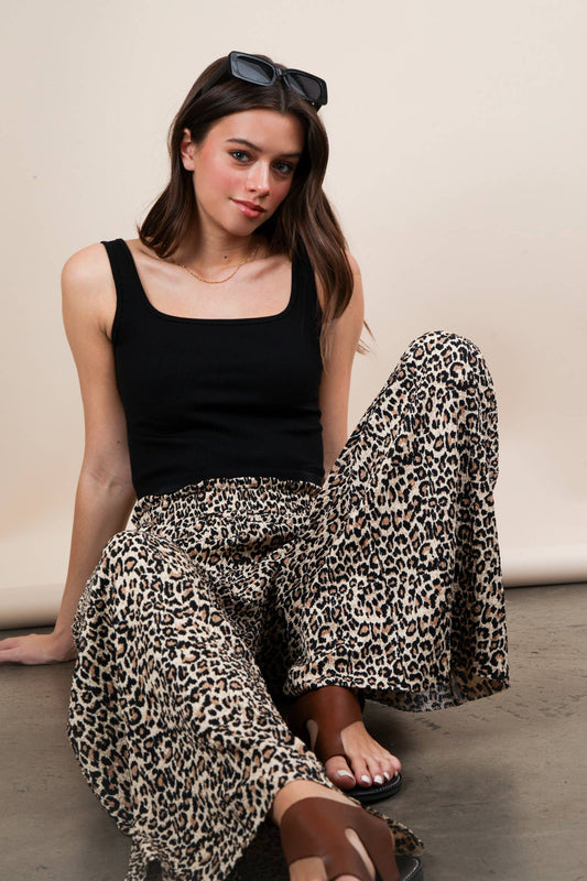 Leopard Print Wide Leg Pleated Pants